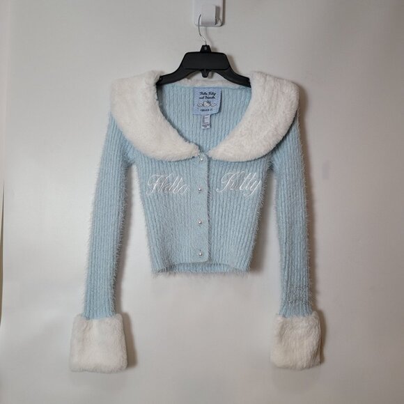 Hello Kitty & Friends X Forever 21 Blue Knit Cardigan W/Faux Fur Collar & Cuff - Picture 2 of 16